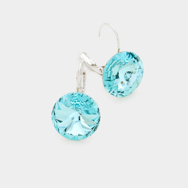 FASHNZFAB Round Crystal Lever Back Earrings Turquoise Blue 4