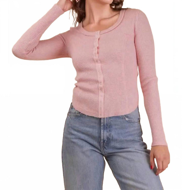Very J Rib Knit Button Top Pink Large 2