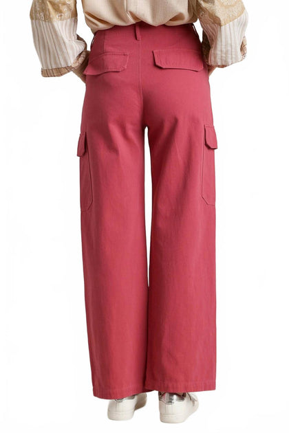 Umgee Solid Stone Washed Straight Cargo Pants Pink Small 3
