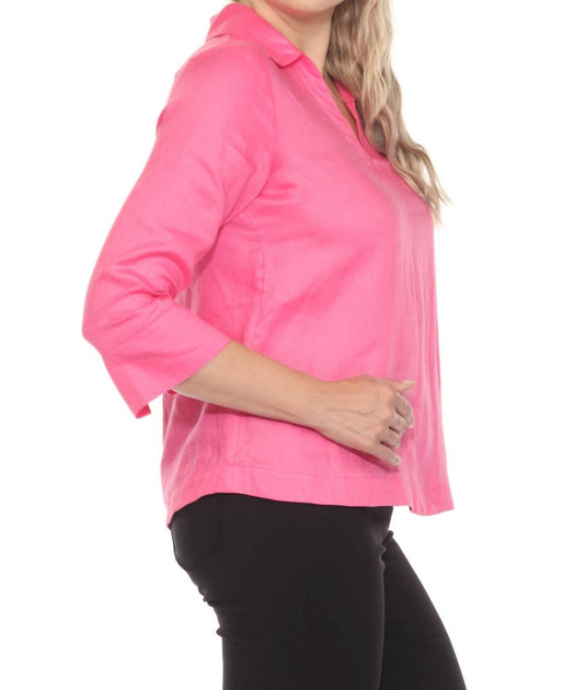 Joseph Ribkoff Collared V-Neck Linen Top Pink Medium 3