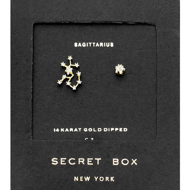 FASHNZFAB Secret Box CZ Zodiac Sign Sagittarius Stud Earrings Clear Gold 3