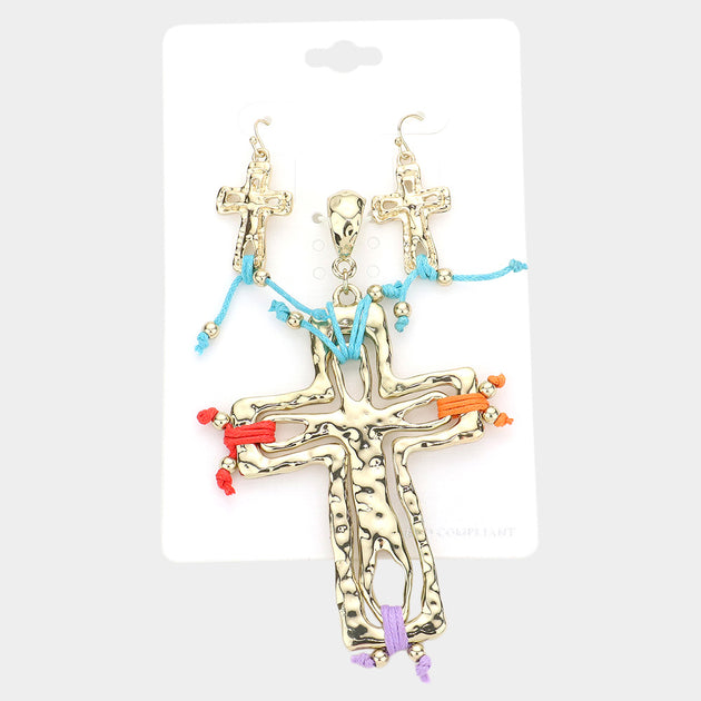FASHNZFAB Hammered Metal Cross Pendant Set Blue 4