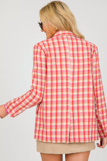 And The Why Plaid Printed Blazer Pink Large 3