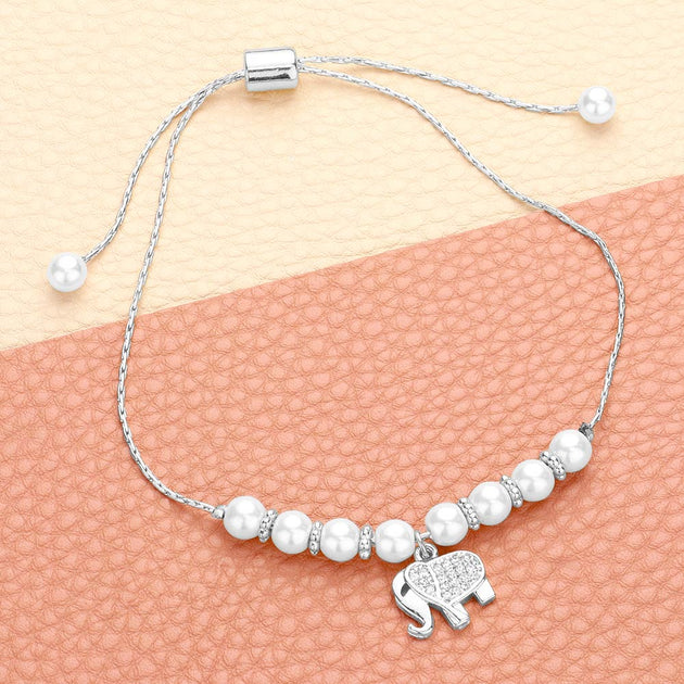 FASHNZFAB Elephant Charm Pearl Beaded Bracelet Silver One Size 2