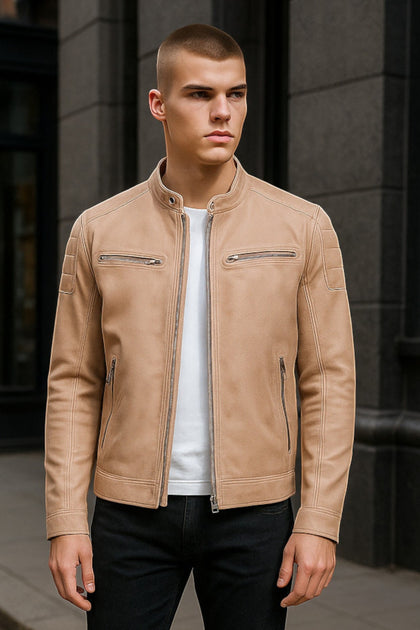 Infinity Smithton Blue Leather Biker Jacket Beige XS 2