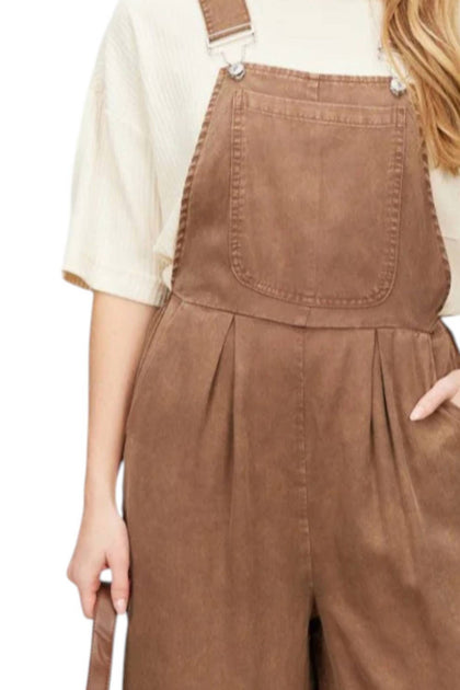 Before You Collection Chambray Wide Leg Overalls Brown Small 3