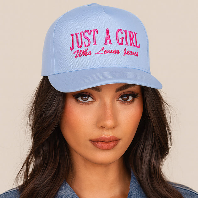 FASHNZFAB Just A Girl Message Embroidered Five Panel Canvas Snapback Baseball Cap Blue 3