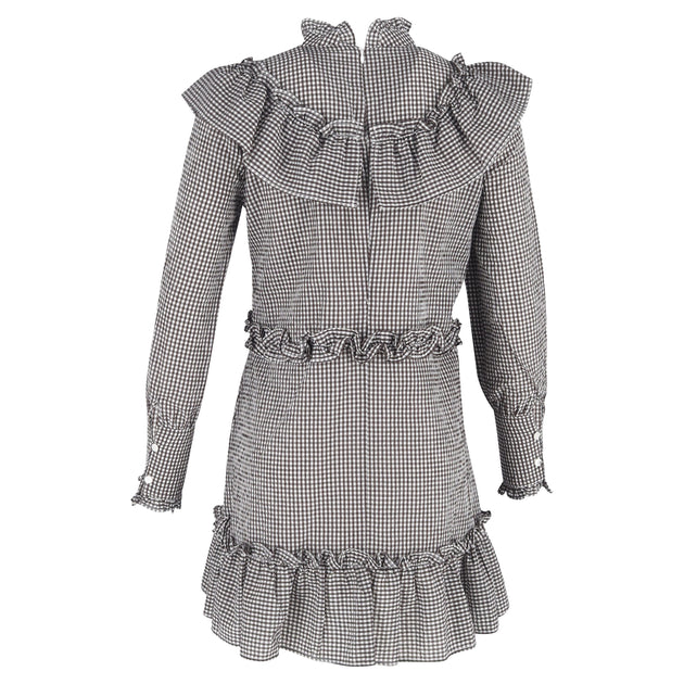 ganni charron dress blue Ruffled Gingham-print Mini In Black And White Cotton V-Neck Lace Short-Sleeved A-Line clothes: party-dress Color:Noir This Ganni dress features