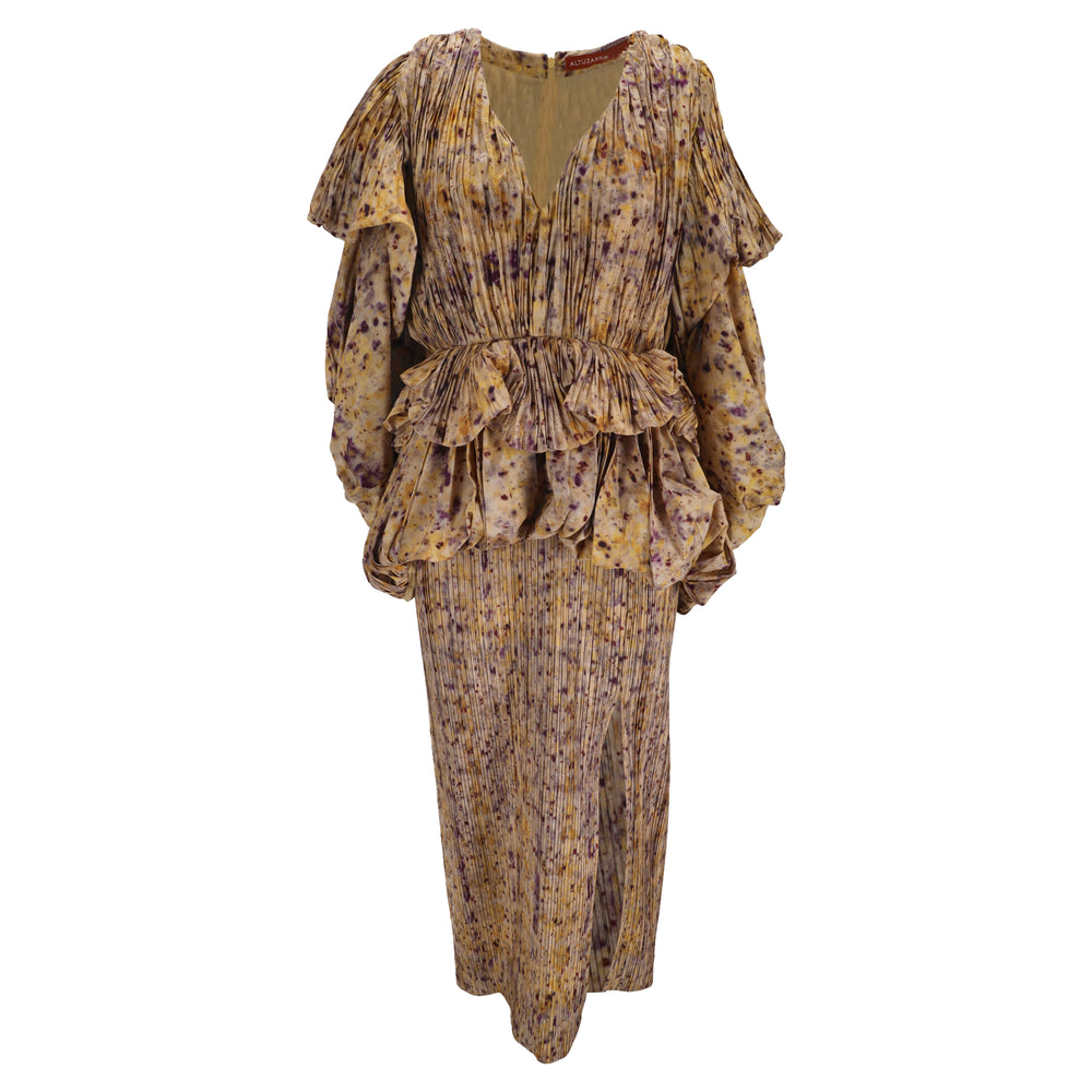 tiered plissé taffeta midi dress Altuzarra Papyrus Ruffled Printed Plissé-taffeta In Multicolor Polyester Do Not Bleach Launch 2.20.26 Color:Pacific Navy Multi Rachel McAdams in Self-Portrait