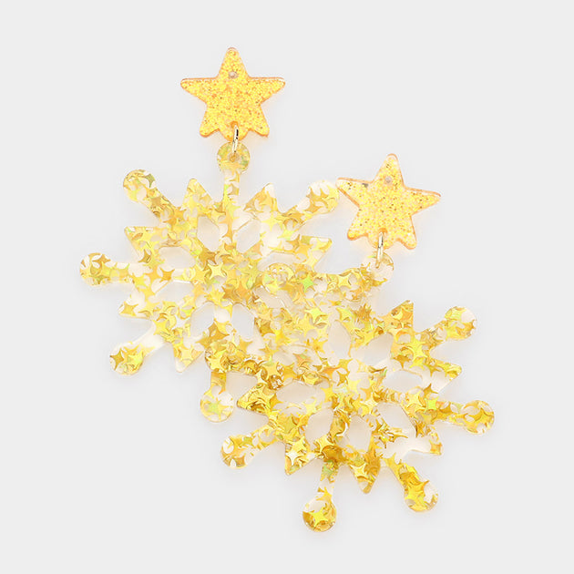 FASHNZFAB Glittered Star Resin Snowflake Dangle Earrings Gold 3