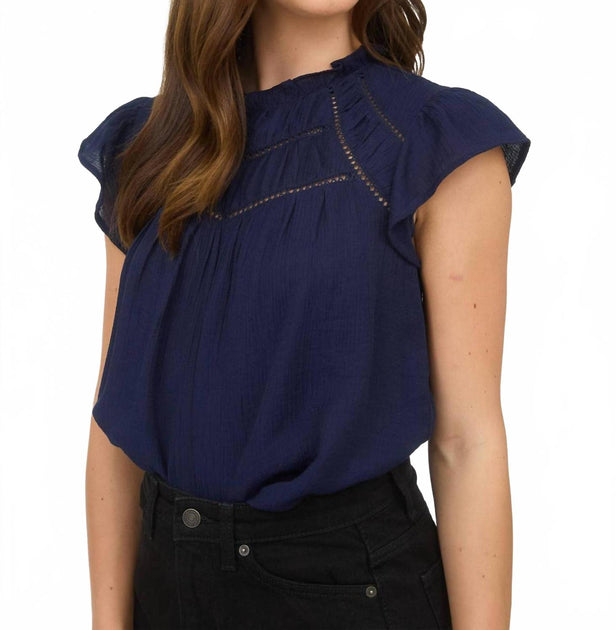 Blu Pepper Line Lace Trim Ruffle Detail Short Sleeve Blouse Blue Small 4