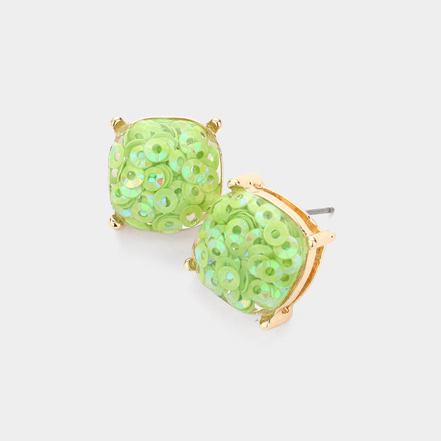 FASHNZFAB Square Druzy Stud Earrings Green 2