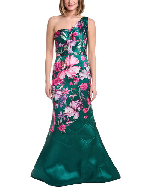 Rene Ruiz One Shoulder Printed Mikado Gown Green US 16 2
