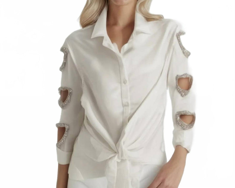 Suzy T Heart Cut Out Button Down Blouse Beige Small 2