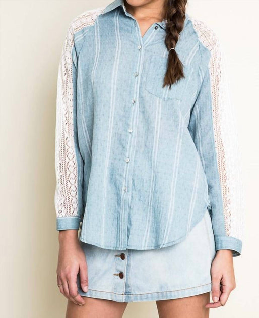 Hayden LA Chambray Lace Blouse Blue Medium 2