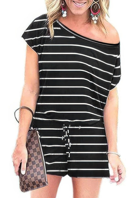 TRUEDAMES Striped Short Sleeve Drawstring Waist Romper Black XLarge 2