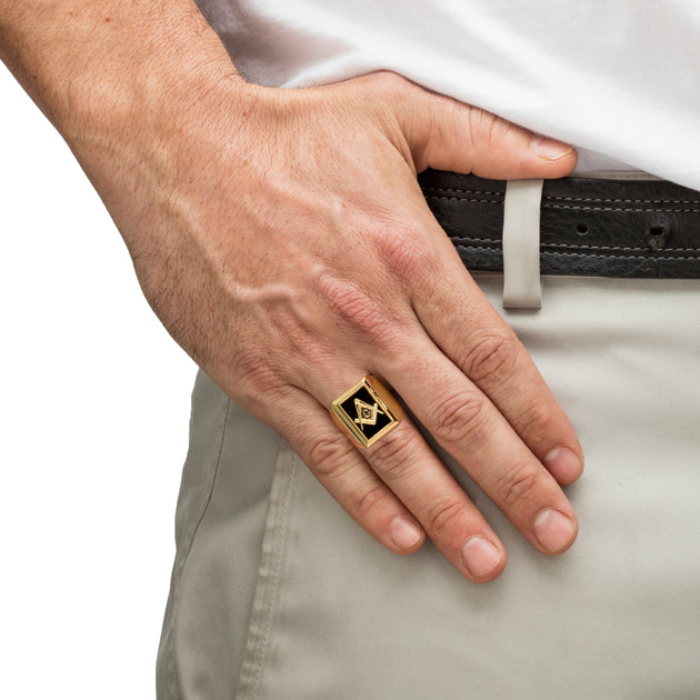 Palm Men's Masonic Ring Black Onyx Gold-Plated US 13 4