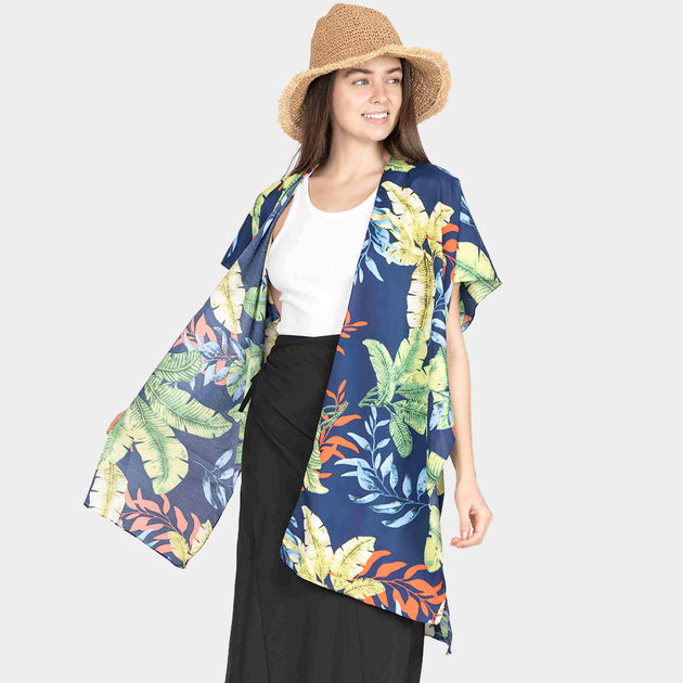 TRUEDAMES Tropical Leaf Lace Cover Up Kimono Poncho Beige One Size 4