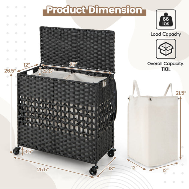 Panier à linge Hivvago 110L 2 Compartiments en Rotin PE Marron 6