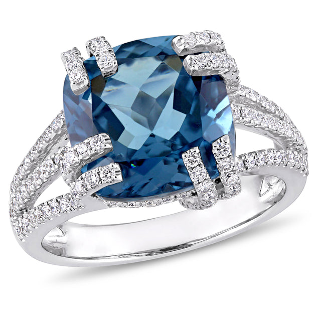 Mimi & Max London Blue Topaz Diamond Cocktail Ring White Gold US 5 2