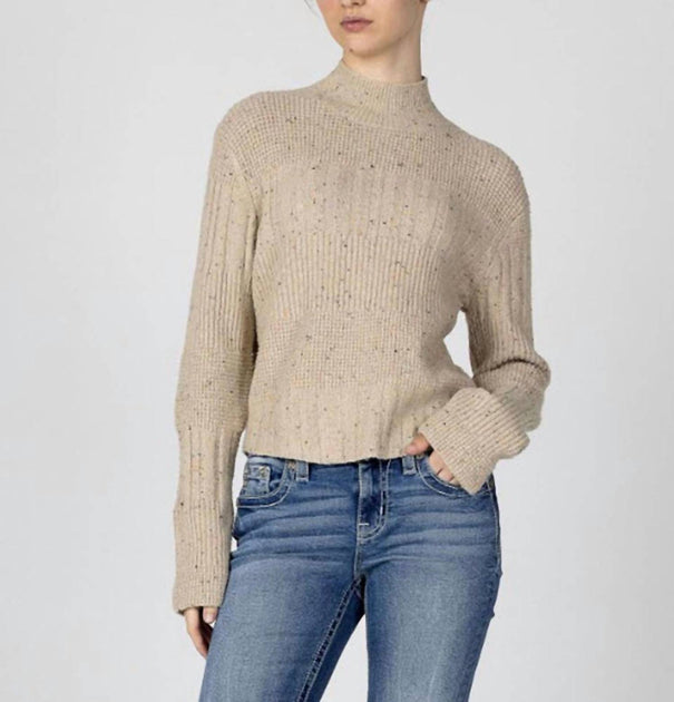 Miss Me Mock Neck Waffle Knit Sweater Top In Beige | ShopSimon