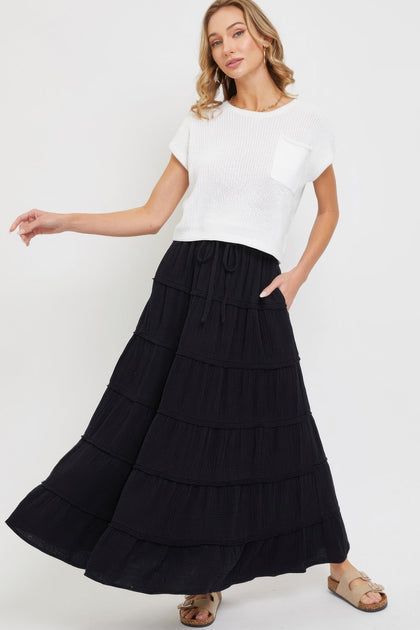 TRUEDAMES Cotton Gauze Tiered Maxi Skirt Blue Large 3