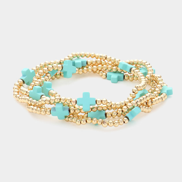 FASHNZFAB 5PCS Cross Beaded Stretch Bracelet Gold 2