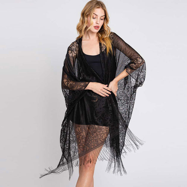 TRUEDAMES Kimono Poncho mit Blumenspitze und Quasten Pink Einheitsgröße 3