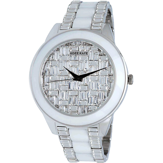Adee Kaye Watch Women Silver Rhinestone Bracelet Mother of Pearl Dial Works 7\