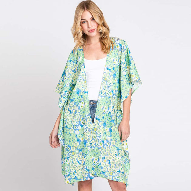 TRUEDAMES Blumenprint Kimono Poncho Grün Einheitsgröße 2