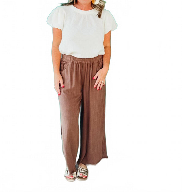 umgee Tabitha Wide Leg Cropped Linen Pants Brown XLarge 2