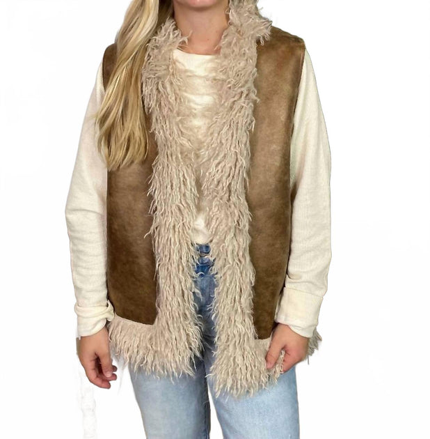 VERY J Sherpa Suede Boho Vest Beige Small 2