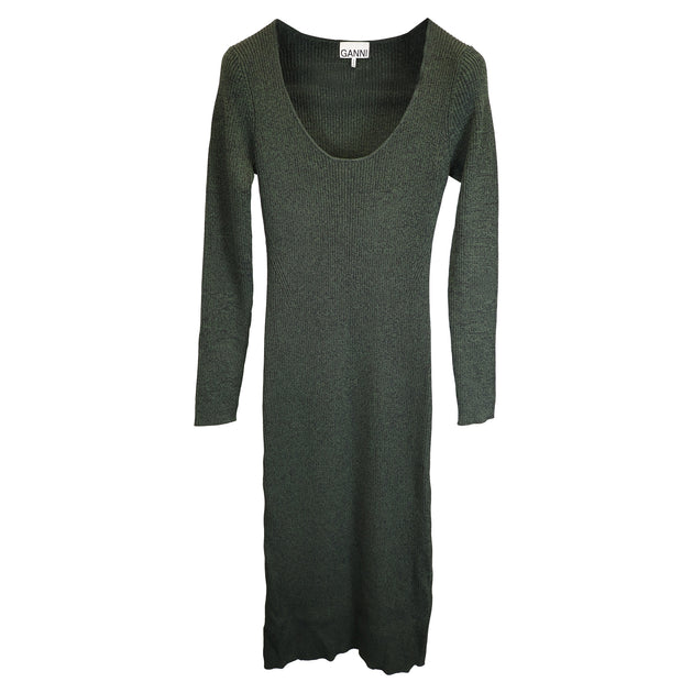 ganni melange knit dress In Green Rayon Available in black Clarisse Premium Embellished Open-Back HIERARCHY: MESHKI PARTY size:12  (L)