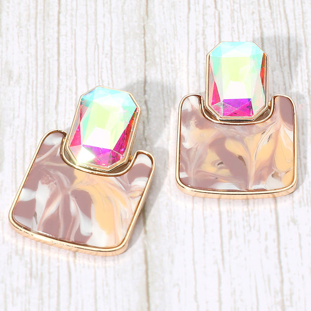 FASHNZFAB Geometric Stone Accent Printed Resin Plate Drop Earrings Silver 4