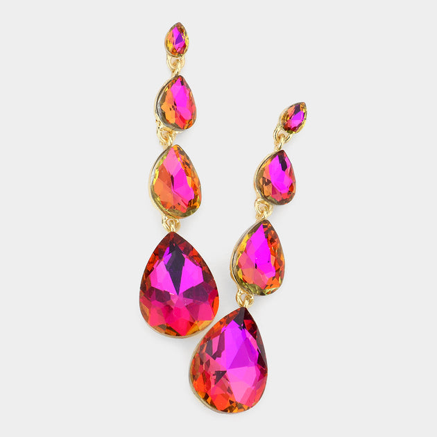 FASHNZFAB Teardrop Stone Link Dangle Earrings Green 4