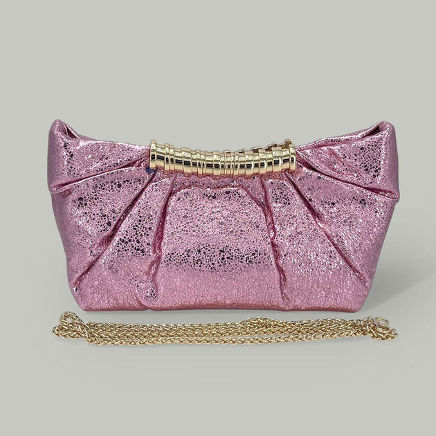 FASHNZFAB Pleated Metallic Clutch Crossbody Bag Pink One Size 3