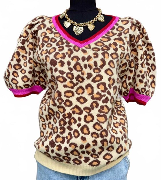 BiBi Puff Sleeve V-Neck Sweater Top Brown Small 3