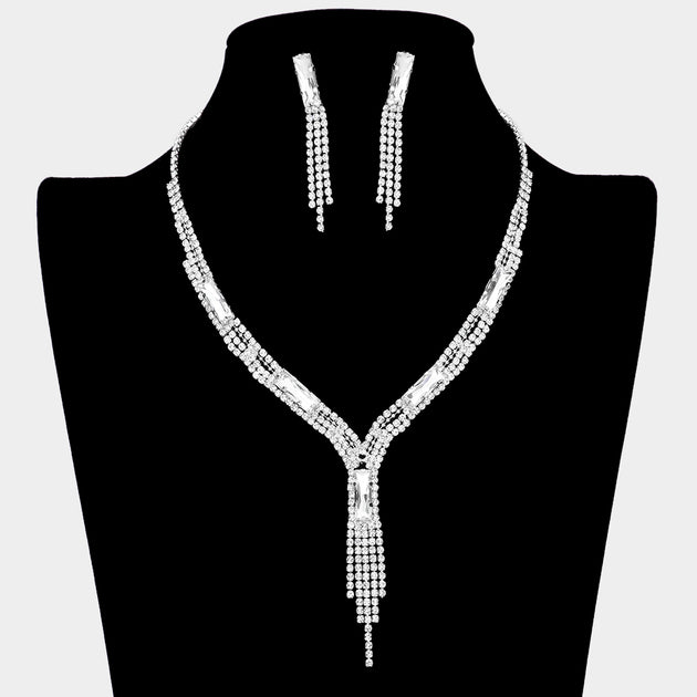 FASHNZFAB Rectangle Stone Rhinestone Fringe Necklace Black 4