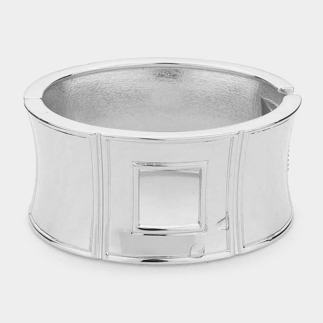 FASHNZFAB Cut Out Square Metal Hinged Bracelet Silver One Size 2