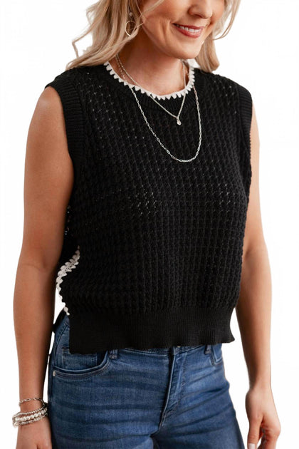 Mac & Me Boarder Crochet Sleeveless Sweater Black S 2