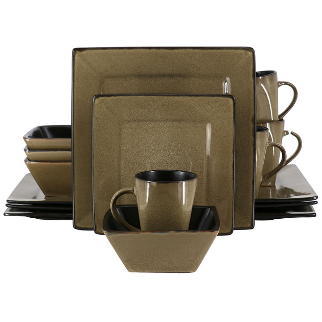 Gibson Kiesling 16 Piece Square Stoneware Dinnerware Set Taupe 2