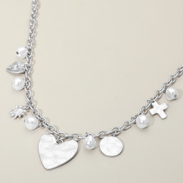 FASHNZFAB Heart Cross Pearl Charm Station Necklace Cream One Size 2