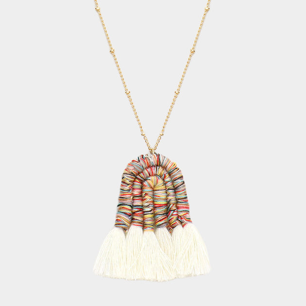 FASHNZFAB Thread Wrapped Pointed Tassel Pendant Long Necklace Silver 3