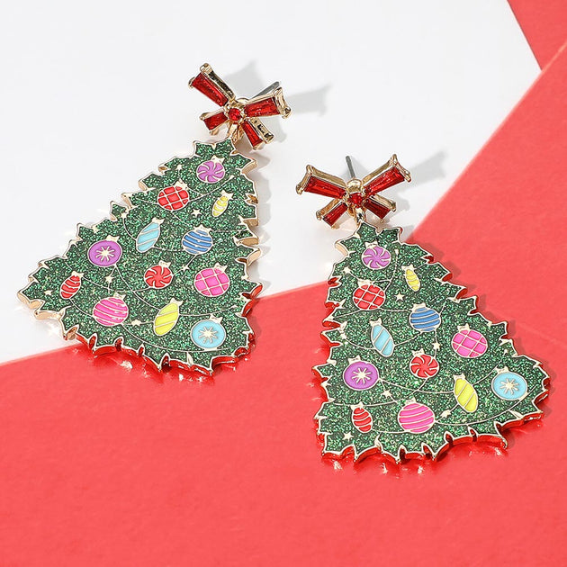 FASHNZFAB Glittered Resin Bow Topper Christmas Tree Earrings Green 2