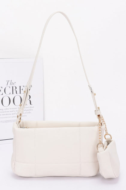 FASHNZFAB Quilted Faux Leather Shoulder Bag White 2