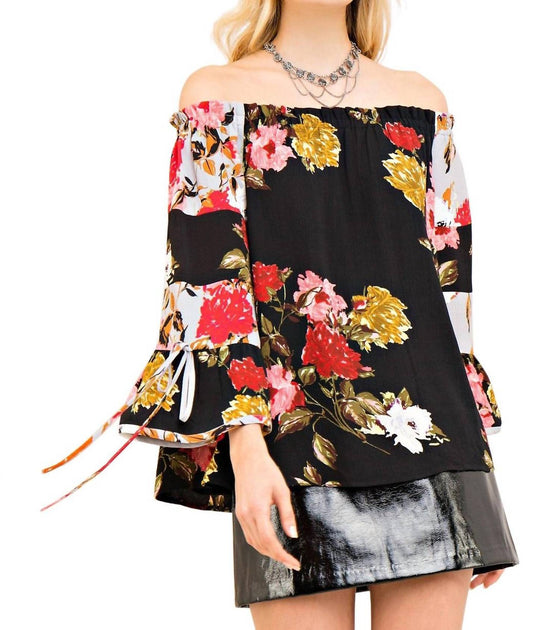 Entro Textured Floral Off The Shoulder Top Black Small 2
