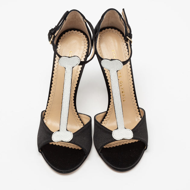 Charlotte Olympia Satin Skeleton T-Strap Sandals Black EU 36.5 4