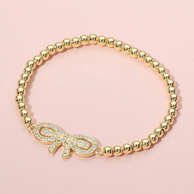 FASHNZFAB Stone Paved Bow Ball Beaded Stretch Bracelet Gold 3