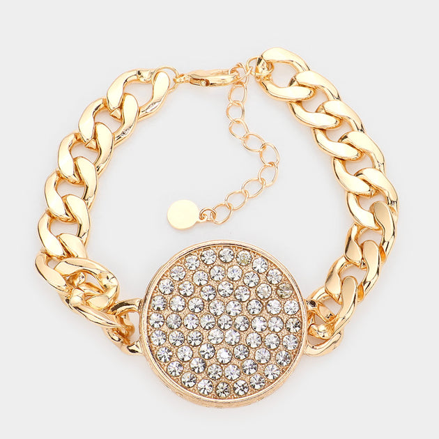 FASHNZFAB Rhinestone Circle Pendant Link Bracelet Gold Silver One Size 2