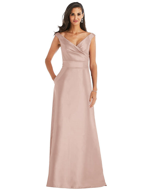 Alfred Sung Draped Wrap Satin Maxi Dress Green US 12 2